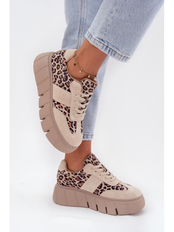 Suede Insulated Women's Sneakers On Chunky Platform Vinceza 66841 Leopard Beige