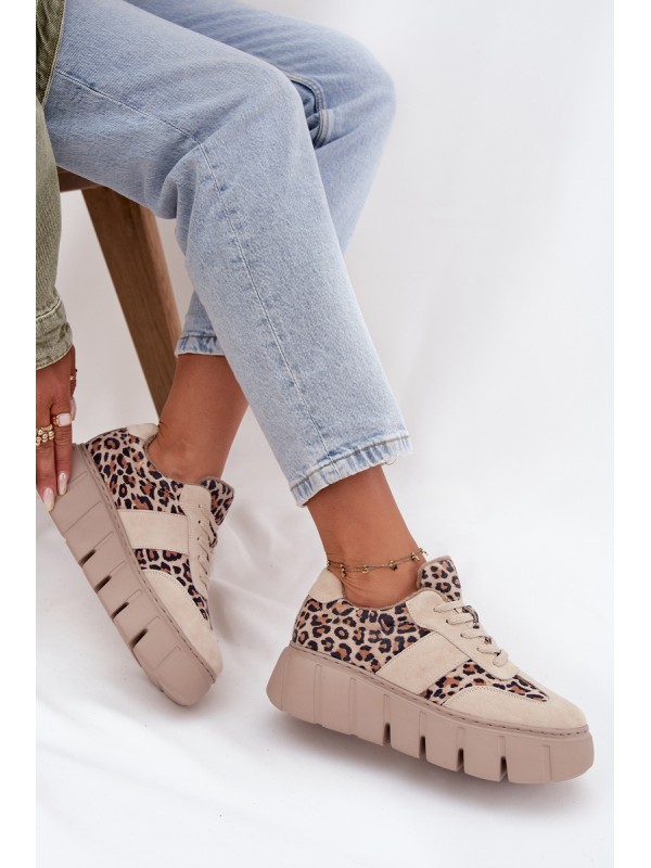 Suede Insulated Women's Sneakers On Chunky Platform Vinceza 66841 Leopard Beige