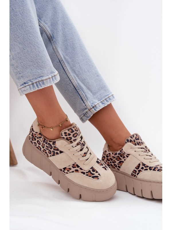 Suede Insulated Women's Sneakers On Chunky Platform Vinceza 66841 Leopard Beige