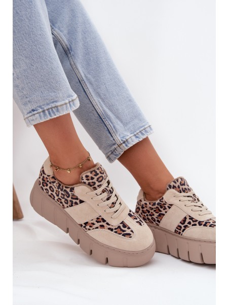 Suede Insulated Women's Sneakers On Chunky Platform Vinceza 66841 Leopard Beige