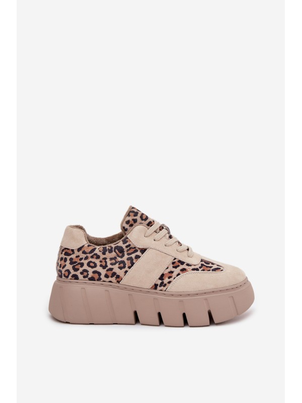 Suede Insulated Women's Sneakers On Chunky Platform Vinceza 66841 Leopard Beige