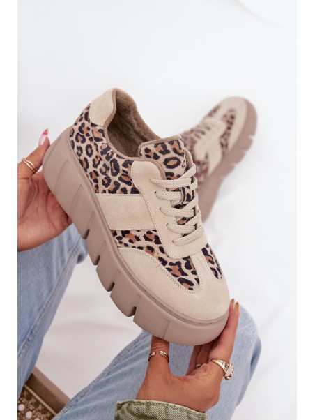 Suede Insulated Women's Sneakers On Chunky Platform Vinceza 66841 Leopard Beige