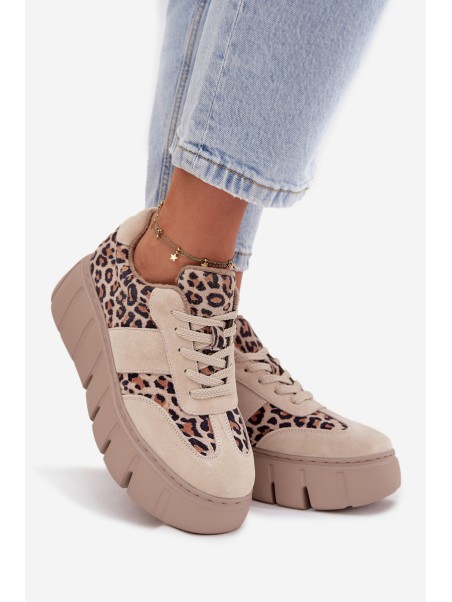 Suede Insulated Women's Sneakers On Chunky Platform Vinceza 66841 Leopard Beige