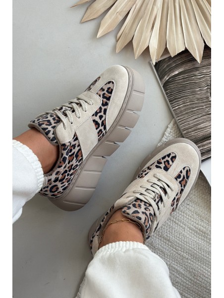 Suede Insulated Women's Sneakers On Chunky Platform Vinceza 66841 Leopard Beige