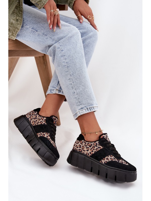 Suede Insulated Sneakers for Women on a Thick Platform Vinceza 66841 Panther Black