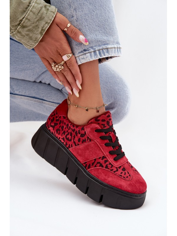 Suede Insulated Women's Sneakers On a Thick Platform Vinceza 66841 Leopard Red