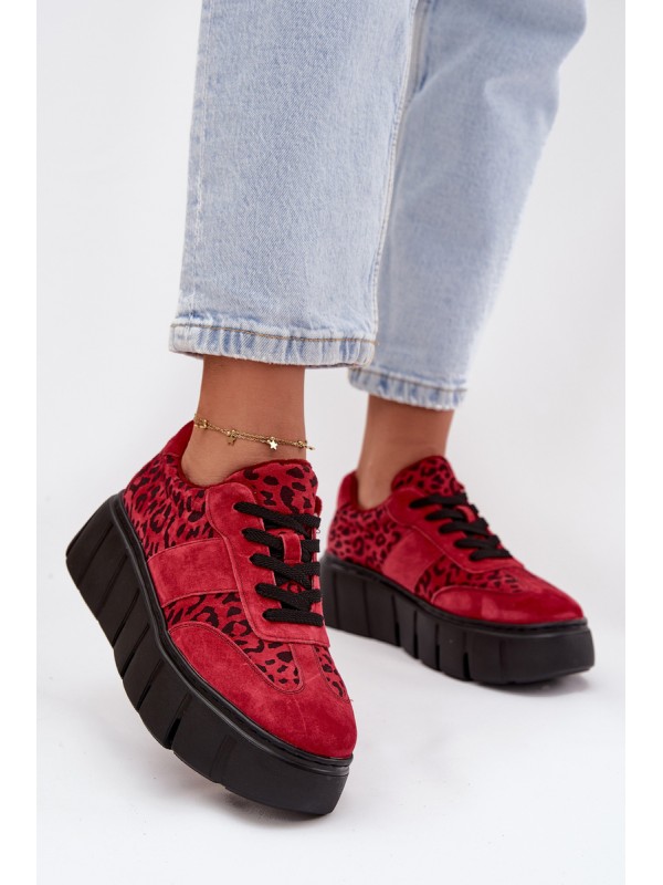Suede Insulated Women's Sneakers On a Thick Platform Vinceza 66841 Leopard Red 2