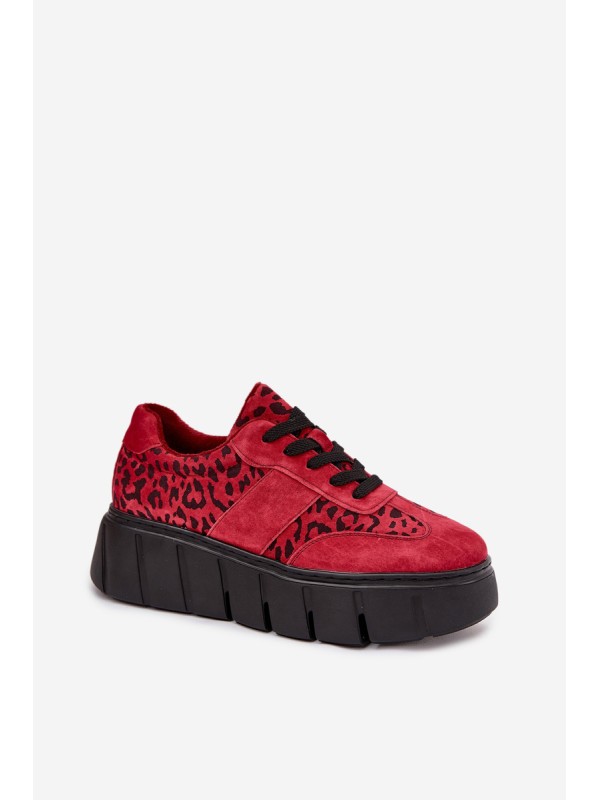 Suede Insulated Women's Sneakers On a Thick Platform Vinceza 66841 Leopard Red