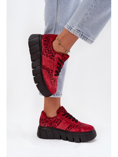 Suede Insulated Women's Sneakers On a Thick Platform Vinceza 66841 Leopard Red