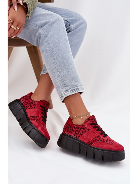 Suede Insulated Women's Sneakers On a Thick Platform Vinceza 66841 Leopard Red