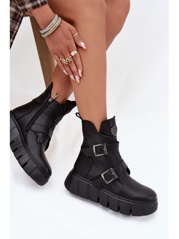 Leather Insulated Women's Ankle Boots On Platform With Buckles Vinceza 66842 Black