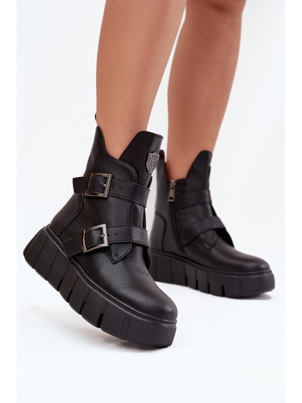 Leather Insulated Women's Ankle Boots On Platform With Buckles Vinceza 66842 Black