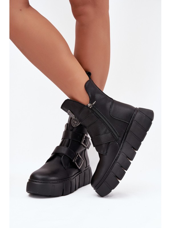 Leather Insulated Women's Ankle Boots On Platform With Buckles Vinceza 66842 Black