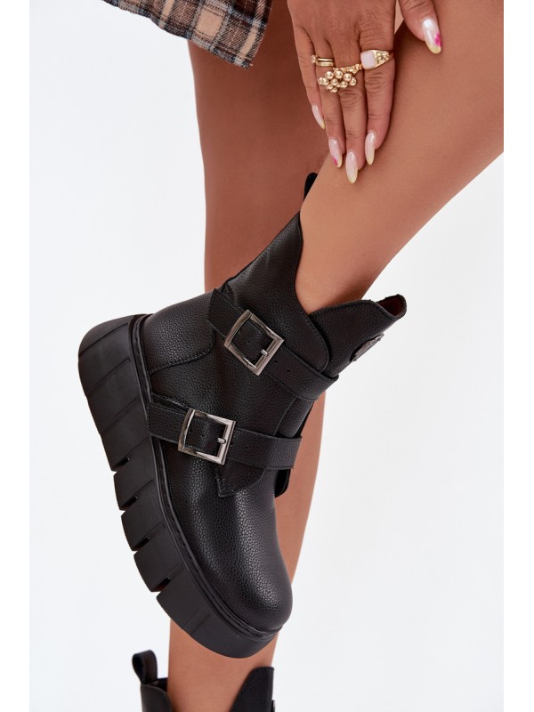 Leather Insulated Women's Ankle Boots On Platform With Buckles Vinceza 66842 Black