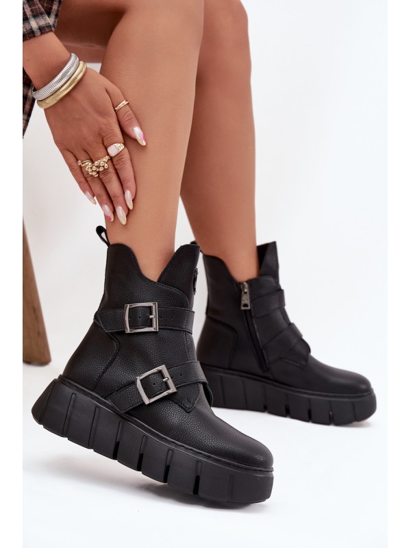 Leather Insulated Women's Ankle Boots On Platform With Buckles Vinceza 66842 Black