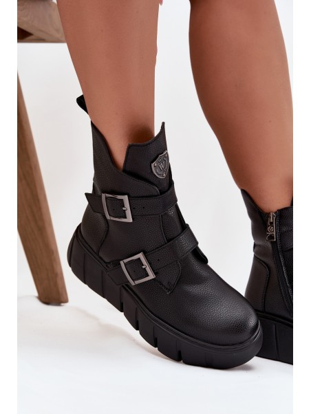 Leather Insulated Women's Ankle Boots On Platform With Buckles Vinceza 66842 Black