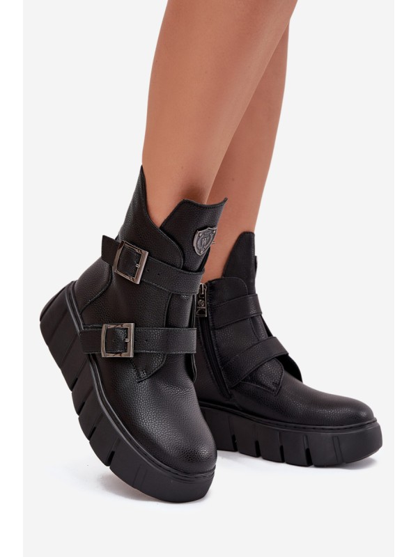 Leather Insulated Women's Ankle Boots On Platform With Buckles Vinceza 66842 Black