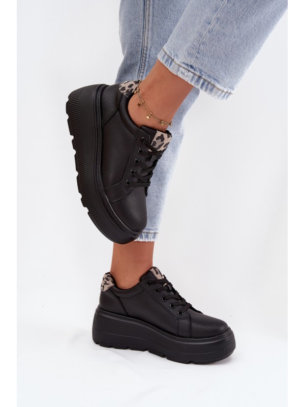 Leather Women's Sneakers On Platform Leopard Vinceza 89144 Black