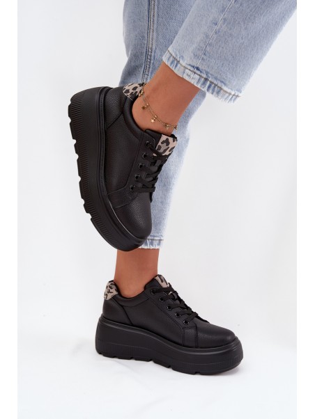 Leather Women's Sneakers On Platform Leopard Vinceza 89144 Black