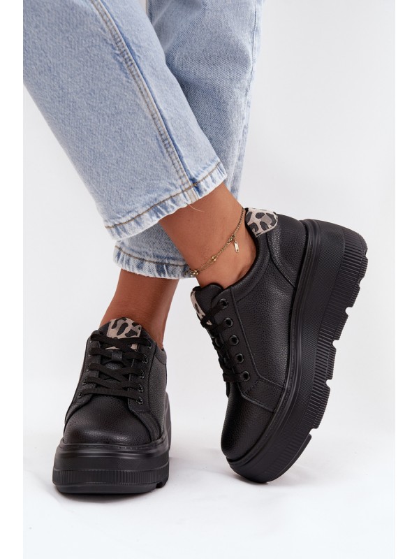 Leather Women's Sneakers On Platform Leopard Vinceza 89144 Black
