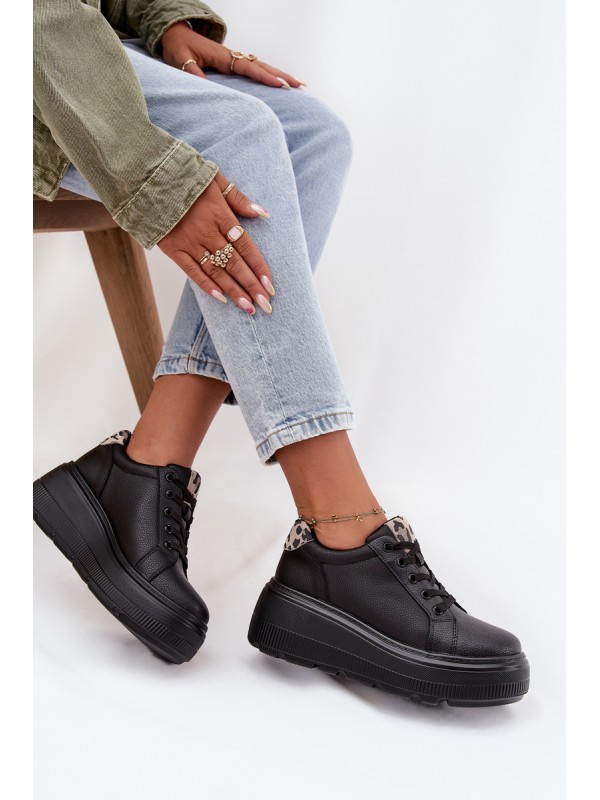 Leather Women's Sneakers On Platform Leopard Vinceza 89144 Black