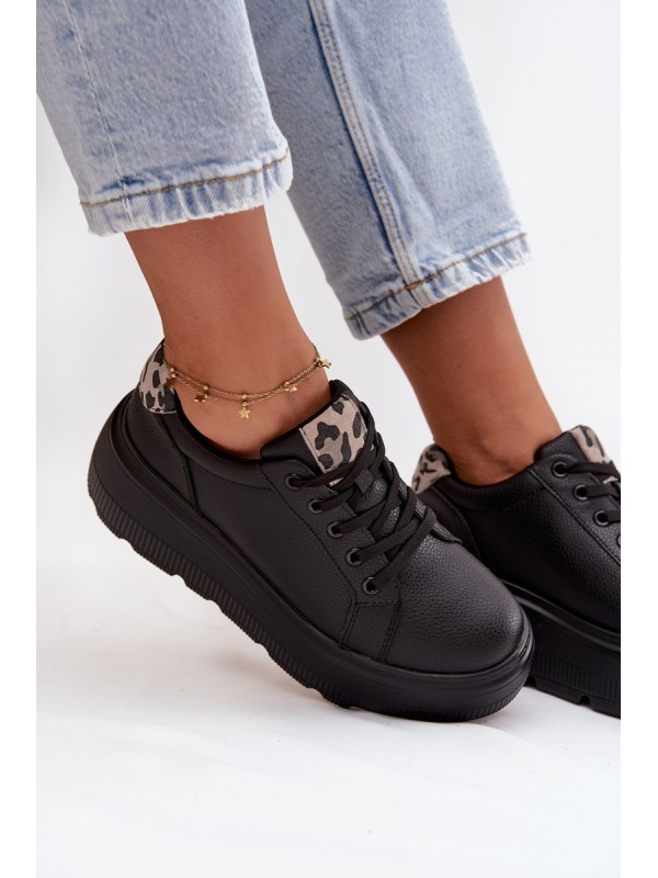 Leather Women's Sneakers On Platform Leopard Vinceza 89144 Black