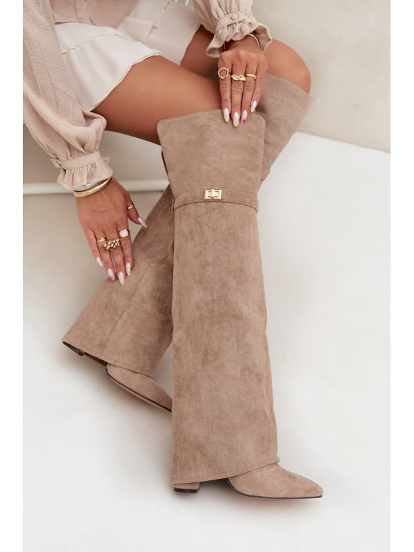 Insulated boots with rolled-up shaft over the knee heel block beige Serelle
