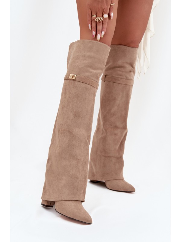 Insulated boots with rolled-up shaft over the knee heel block beige Serelle 2