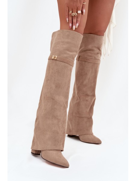 Insulated boots with rolled-up shaft over the knee heel block beige Serelle