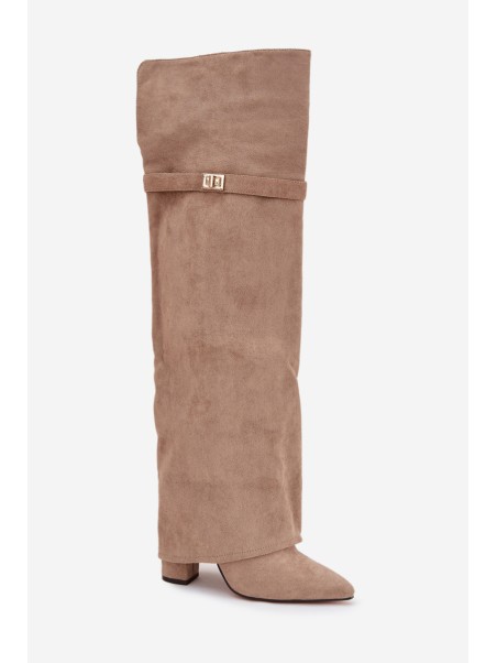 Insulated boots with rolled-up shaft over the knee heel block beige Serelle