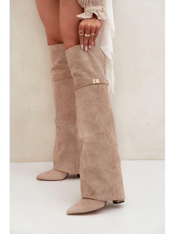 Insulated boots with rolled-up shaft over the knee heel block beige Serelle