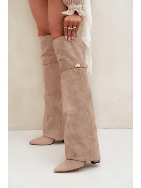 Insulated boots with rolled-up shaft over the knee heel block beige Serelle