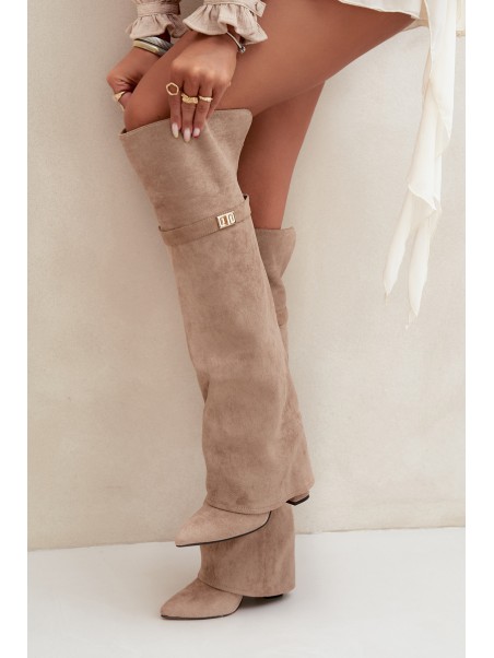 Insulated boots with rolled-up shaft over the knee heel block beige Serelle