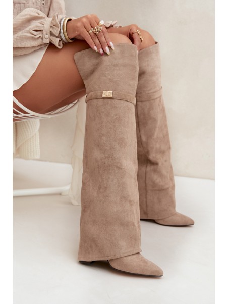 Insulated boots with rolled-up shaft over the knee heel block beige Serelle