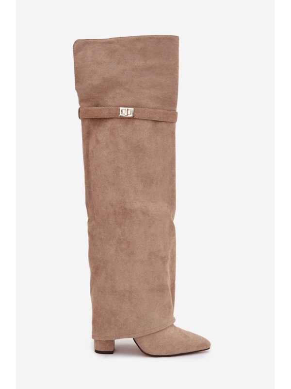 Insulated boots with rolled-up shaft over the knee heel block beige Serelle