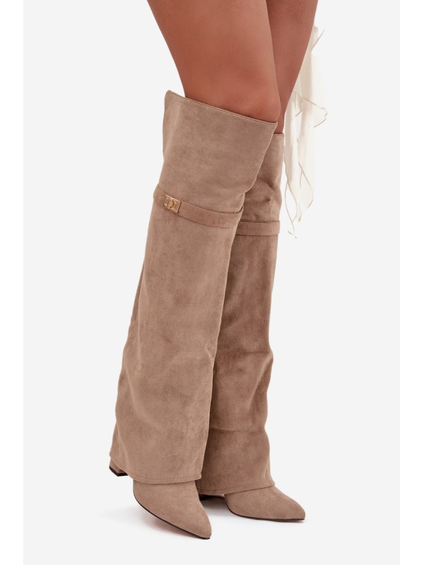 Insulated boots with rolled-up shaft over the knee heel block beige Serelle