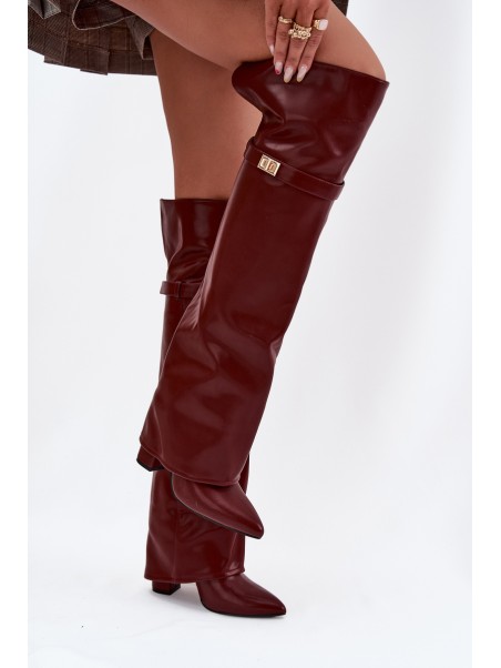 Insulated Boots with Turned Over Shaft Over the Knee Block Heel Bordeaux Serelle