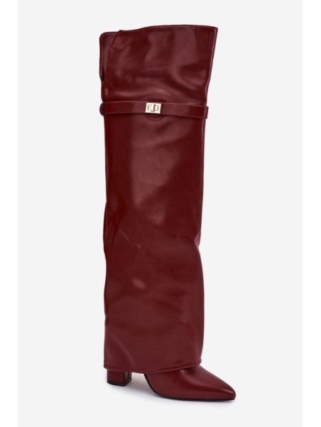 Insulated Boots with Turned Over Shaft Over the Knee Block Heel Bordeaux Serelle