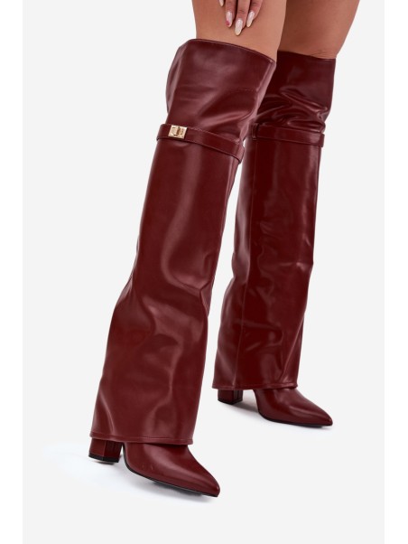 Insulated Boots with Turned Over Shaft Over the Knee Block Heel Bordeaux Serelle