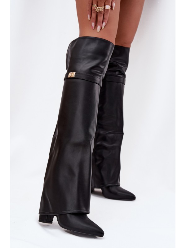Insulated boots with turned-up shaft over the knee block heel black Serelle