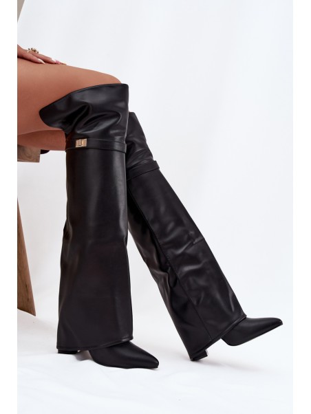 Insulated boots with turned-up shaft over the knee block heel black Serelle