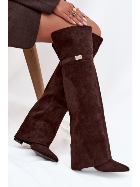 Insulated boots with rolled top Over the knee block heel chocolate Serelle