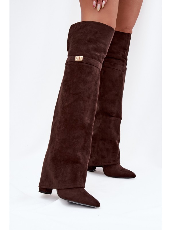 Insulated boots with rolled top Over the knee block heel chocolate Serelle