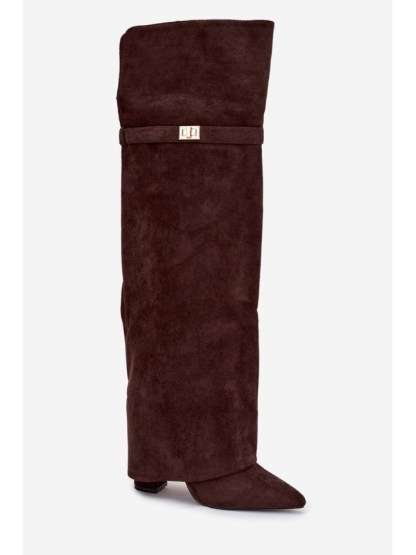 Insulated boots with rolled top Over the knee block heel chocolate Serelle