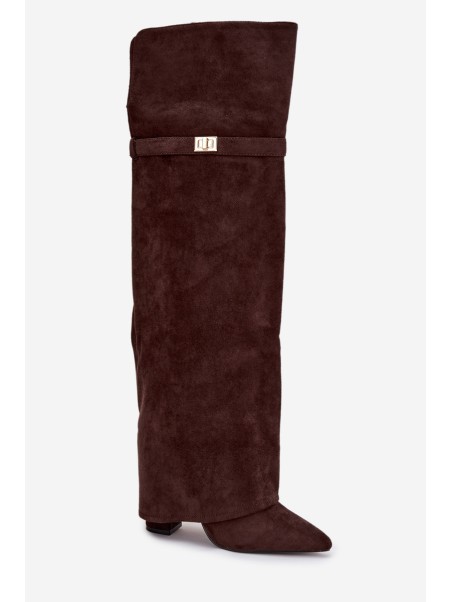 Insulated boots with rolled top Over the knee block heel chocolate Serelle