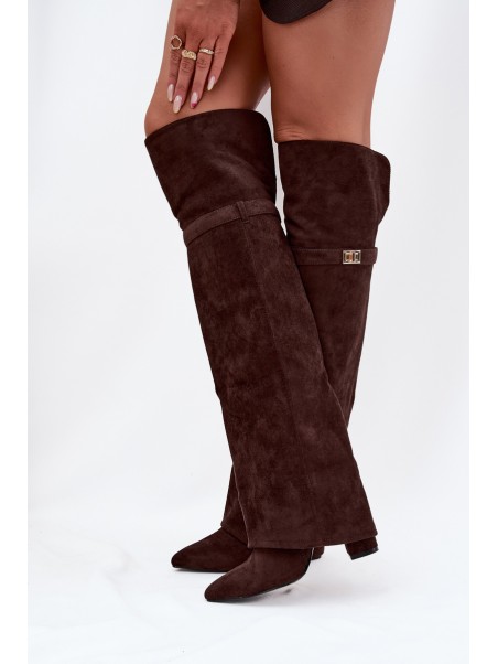Insulated boots with rolled top Over the knee block heel chocolate Serelle
