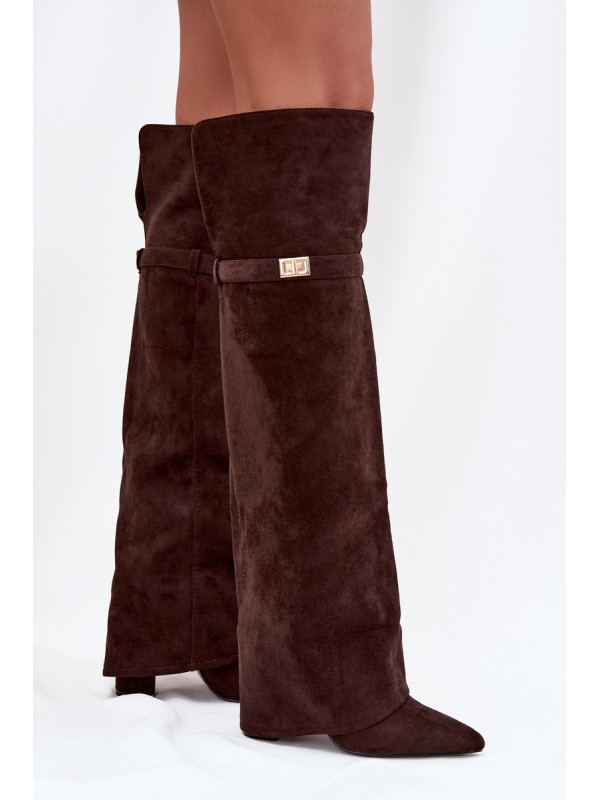 Insulated boots with rolled top Over the knee block heel chocolate Serelle