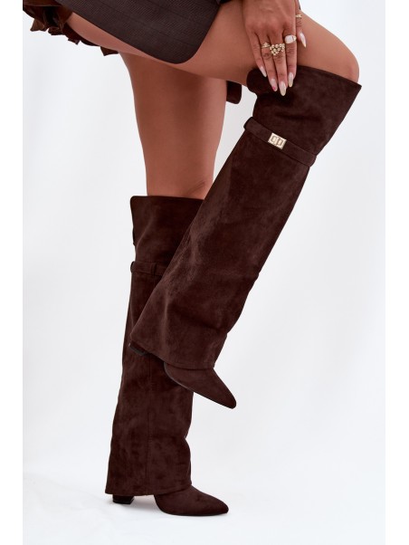Insulated boots with rolled top Over the knee block heel chocolate Serelle