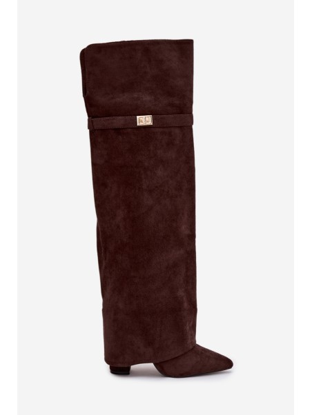 Insulated boots with rolled top Over the knee block heel chocolate Serelle