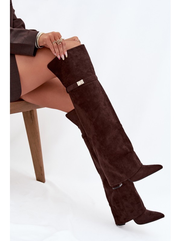 Insulated boots with rolled top Over the knee block heel chocolate Serelle